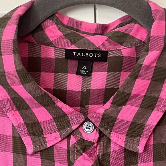 Talbots buttondown XL plaid pink green check - Picture 2 of 7